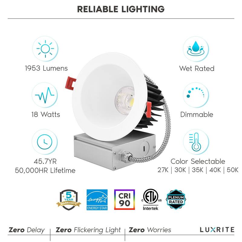 Luxrite 4" LED Recessed Lighting with J-Box 18W 1500 Lumens 5 Color Selectable Dimmable Wet Rated IC Rated 6 Pack