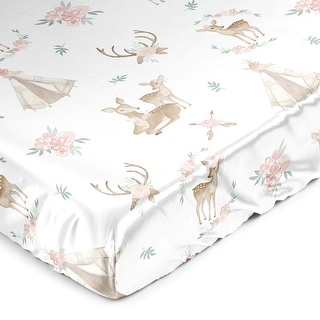 Sweet Jojo Designs Woodland Deer Floral Girl Satin Fitted Crib Sheet Pink Green Boho Watercolor Bohemian Animal Shabby Chic