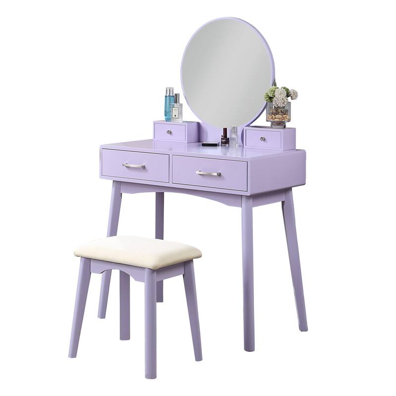 Liannon Contemporary Wood Vanity and Stool Set,Round Mirror