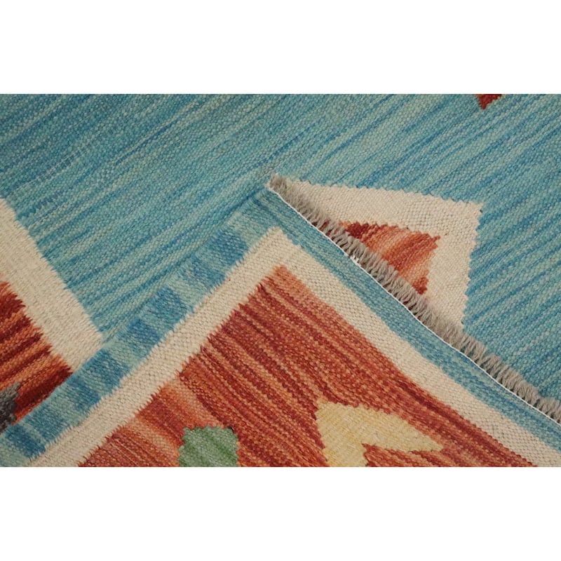 Hand Woven Oriental 100% Wool Carpet Southwestern Tribal Navy Blue & Blues Kilim Area Rug - 8' 1'' X 4' 10''