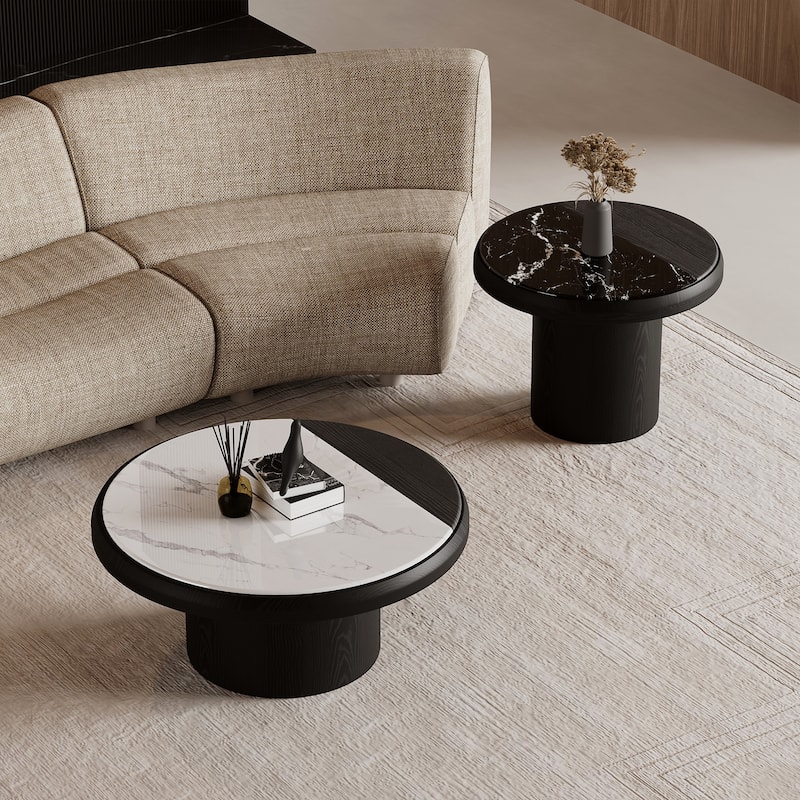 31.5" Modern Round Coffee Table,Set of 2, Black Solid Wood Texture, Faux Marble Table top