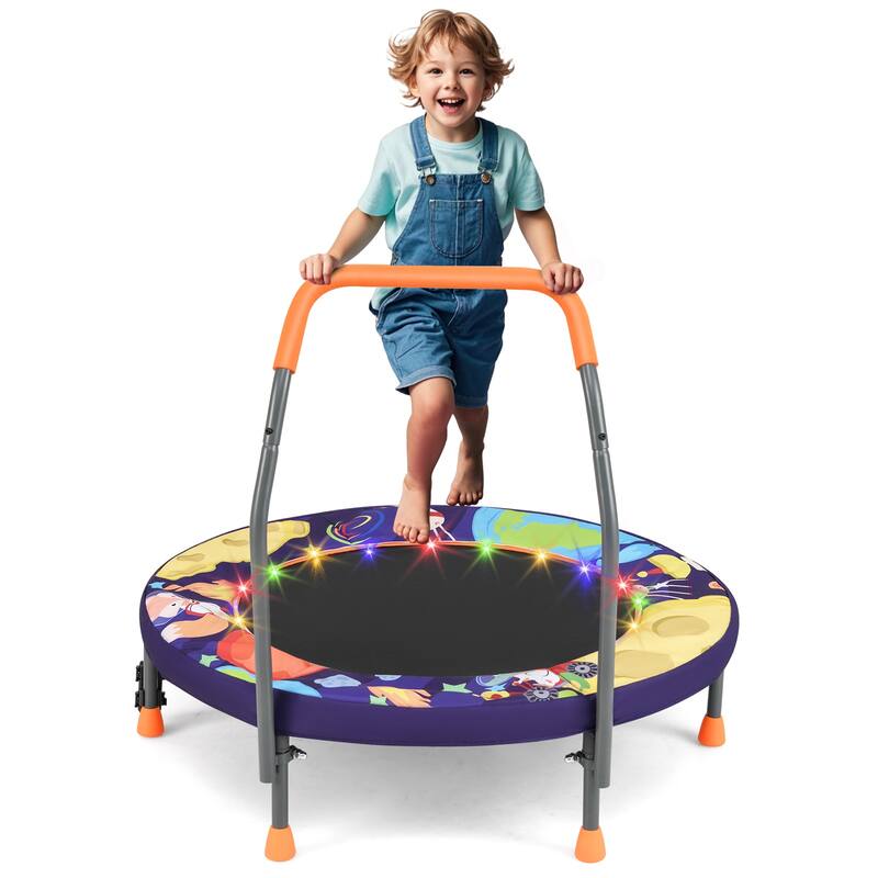 Foam Kids Trampoline with LED Lights, Foldable Frame and Handrail - Purple