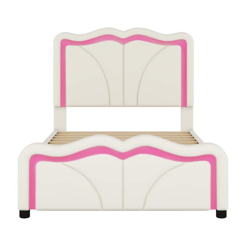 Roomfitters Twin Size Upholstered Platform Bed with Adjustable Curve Shaped Headboard Modern Style, White