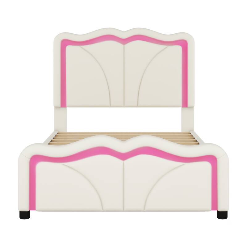 Twin Size Upholstered Platform Bed with Adjustable Headboard and LED Lights, White