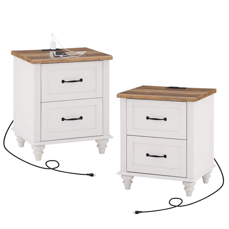 Mid Century End Table Nightstands with Charging Station & Drawer - 2 Piece - Antique White