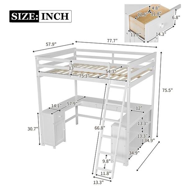 dimension image slide 1 of 2, Full Size Loft kids Bed Frame with U-Shaped Desk, Storage Shelves, Cabinet & 2-Drawers, Safety Guardrails for Bedroom, White