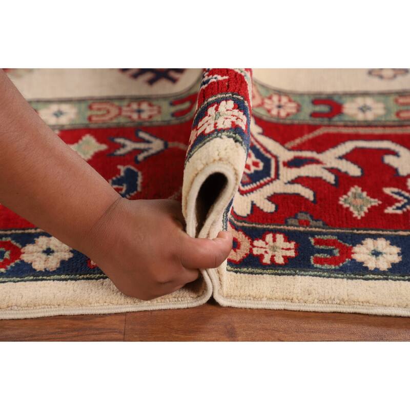 Geometric Kazak Area Rug Hand-Knotted Beige Oriental Wool Carpet - 6'9" x 9'9"