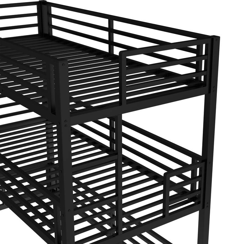 Roomfitters Twin/Full/ Queen Metal Triple Bunk Bed with Safety Guardrails, Heavy-Duty Noise-Reduced Frame, Black