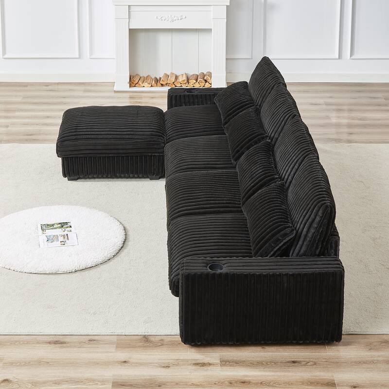 L-Shaped Modular Sectional Sofa with Ottoman, Oversized Corduroy Upholstered Sofa, 4-Seater Sofa with Cup Holders & Charge Port