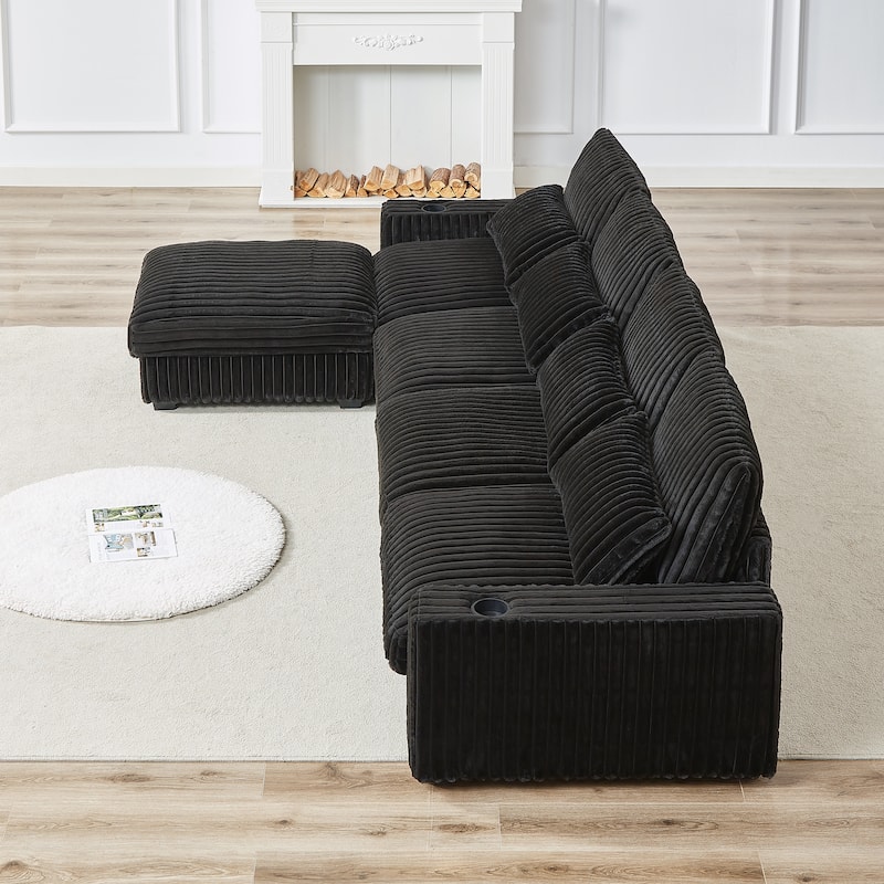 Super Large 126-Inch Corduroy L-Shaped Sofa with Cup Holders, USB Port, Movable Footrest, and 8 Cushions.