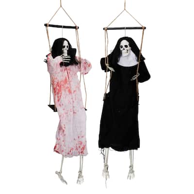 2 Hanging Halloween Grim Reaper Ghost Decorations with LED Eyes and Horror Scream Effects