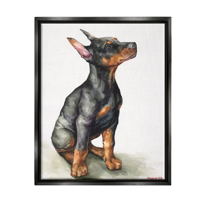 Stupell Doberman Puppy Dog Pet Animal Watercolor Painting Floater Frame - Black