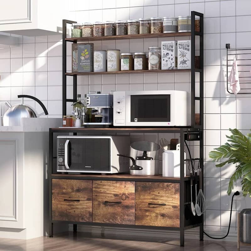 Kitchen Storage Rack with 4 Wooden Shelves Drawers and Baskets USB Ports and Microwave Shelf - 62.2'' H x 39.3'' W x 13.3'' D - Brown-Black