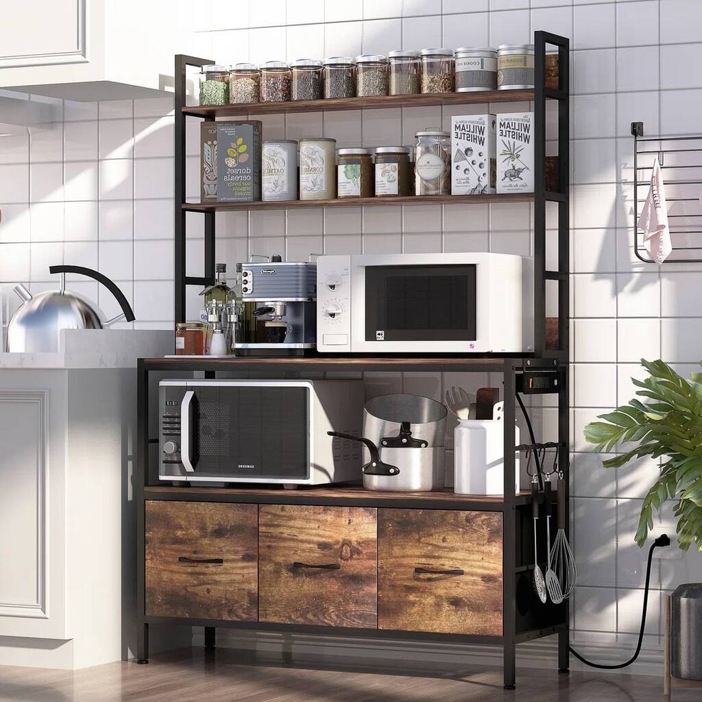 Kitchen Storage Rack with 4 Wooden Shelves Drawers and Baskets USB ...