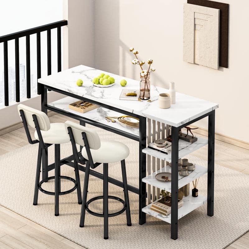 3-Piece Dining Room Table Set with 2 Upholstered Bar Stools, Modern Farmhouse Bar Table Set for 2 with Multiple Tier Shelves - Marble White/Black/White PU