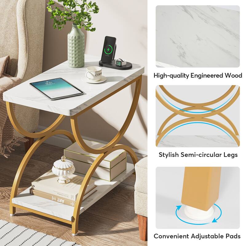 2-Tier Rectangular End Side Table, Mid-Century Modern Bedside Nightstand