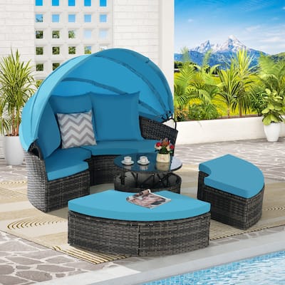 Outdoor Patio 4 Pieces Round Daybed Sunbed with Retractable Canopy, All-weather Wicker Sectional Seating Conversation Set