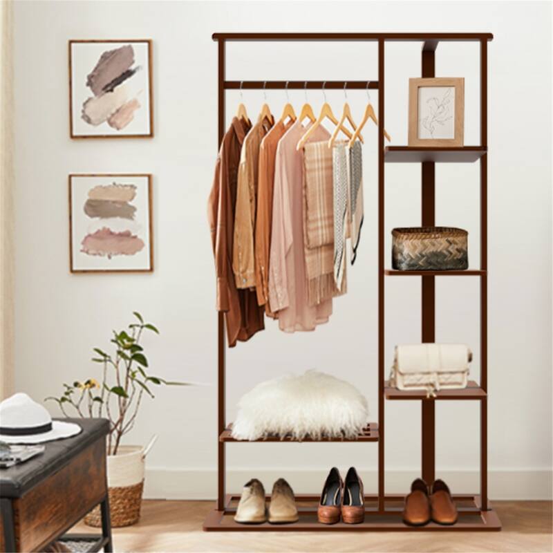 Bamboo Freestanding Clothes Storage Stand with Shelves for Home Use