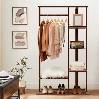Bamboo Freestanding Clothes Storage Stand with Shelves for Home Use