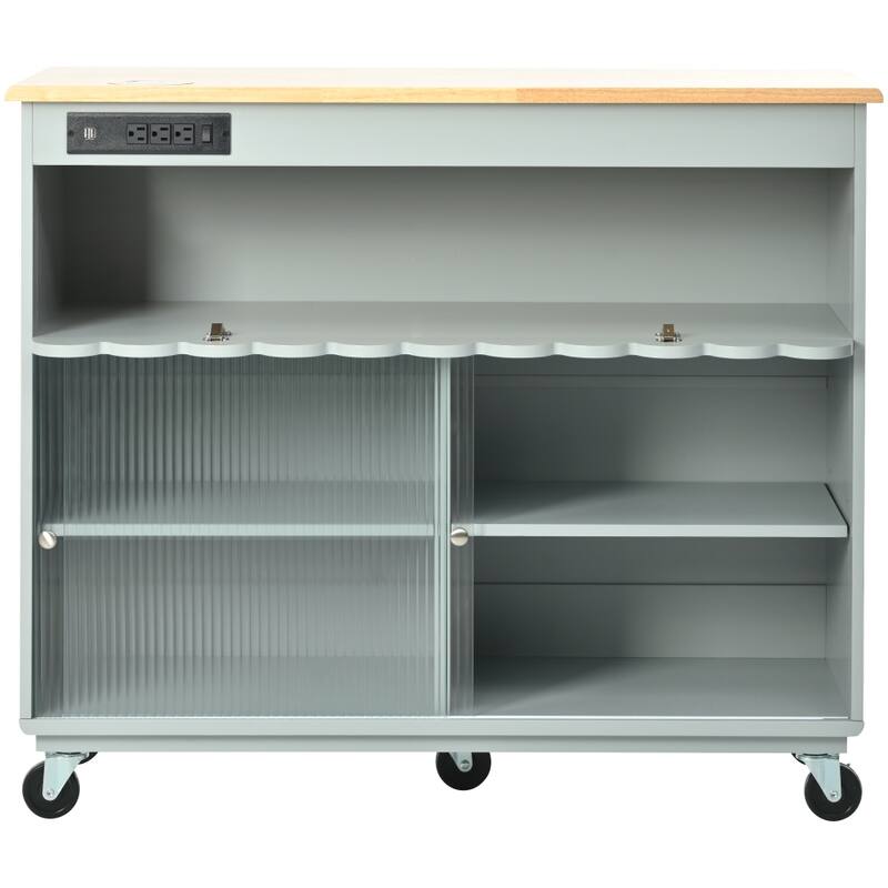 44 in. Rubber Wood Drop-Leaf Countertop Kitchen Island on 5 Wheels with Open Shelf and Wine Rack