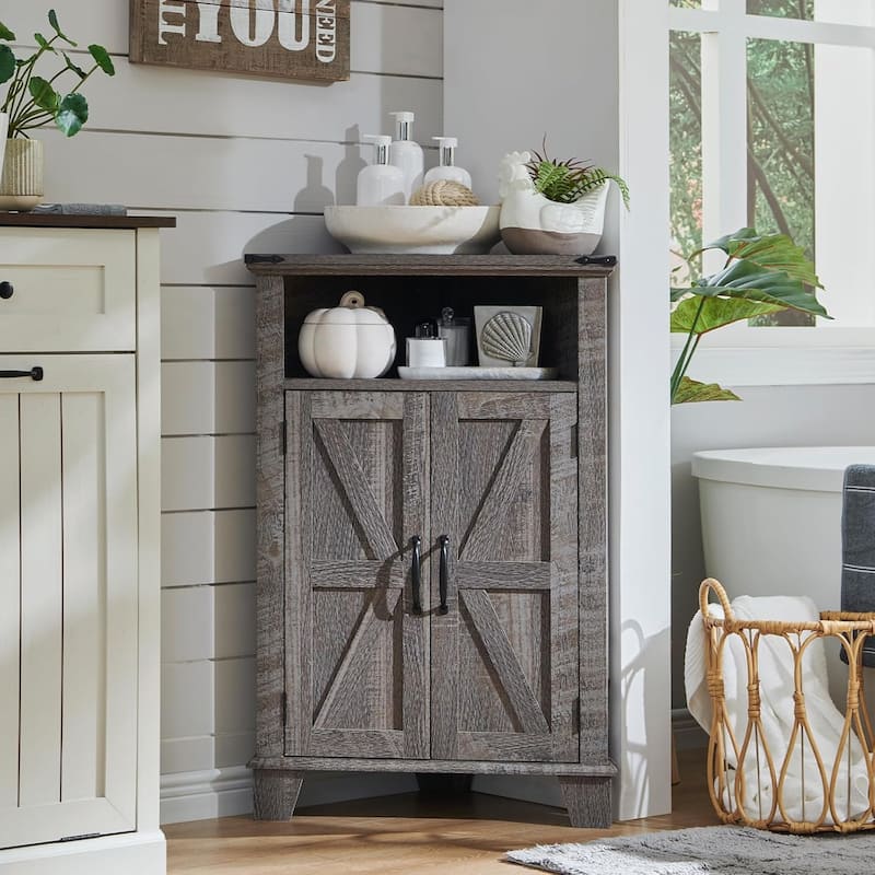 Farmhouse Corner Bathroom Cabinet, Small Corner Cabinet with Barn Door - N/A - Grey Wash