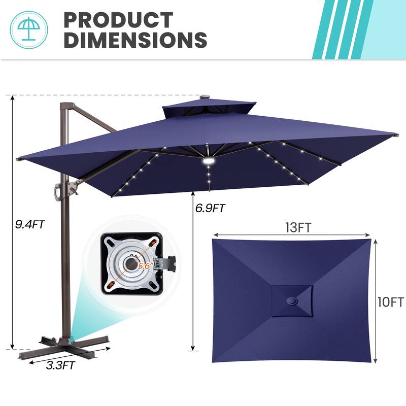 13 x 10 ft Outdoor Solar Powered LED Patio Cantilever Umbrella