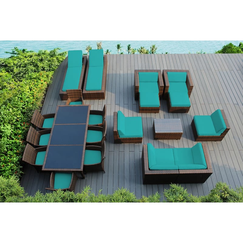 Ohana Outdoor Patio 20 Piece Mixed Brown Wicker Sofa and Dining Set - Sunbrella Aruba