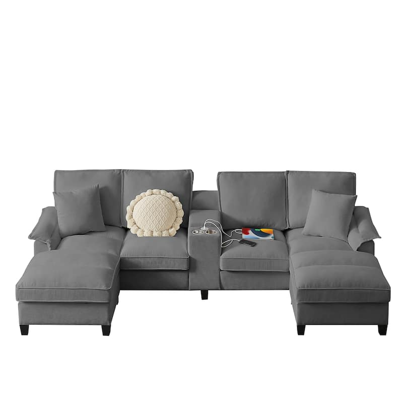 Corduroy U-shaped Sectional Sofa with Double Storage Chaise Lounge, Console Table with Charging Station, Box and Cup Holders