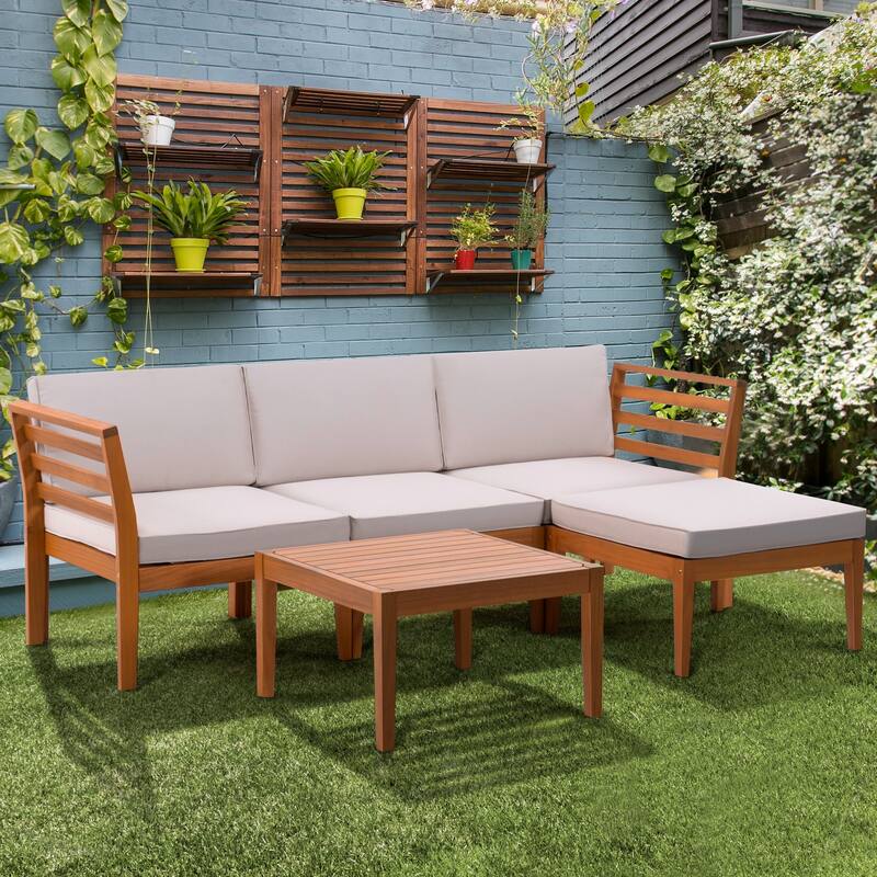 Werph 5 Pieces Outdoor Couch Patio Sectional Sofa with Acacia Wood Coffee Table, L Shape Outdoor Sectional Furniture - Brown