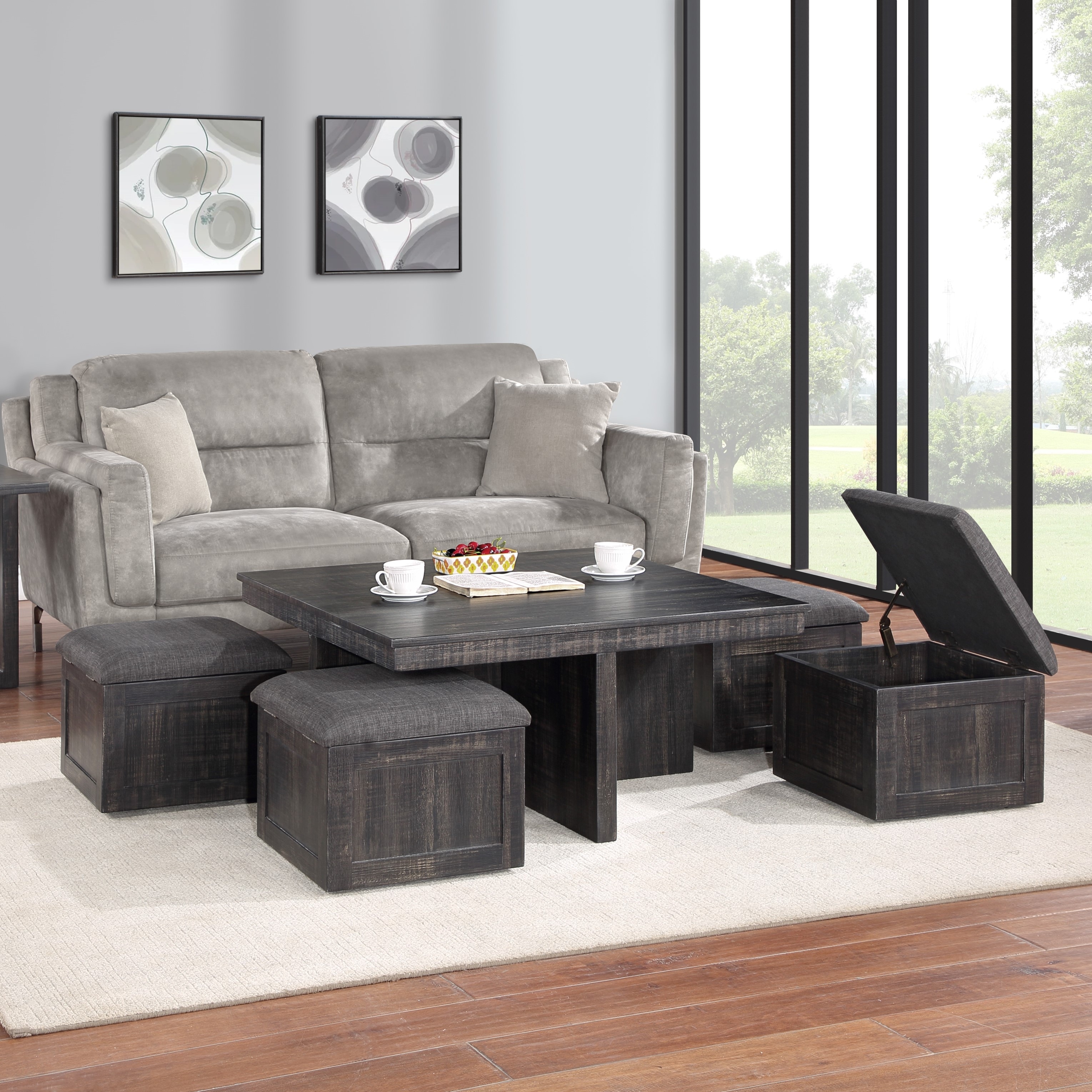 Wood Coffee Table Set with Storage Stools