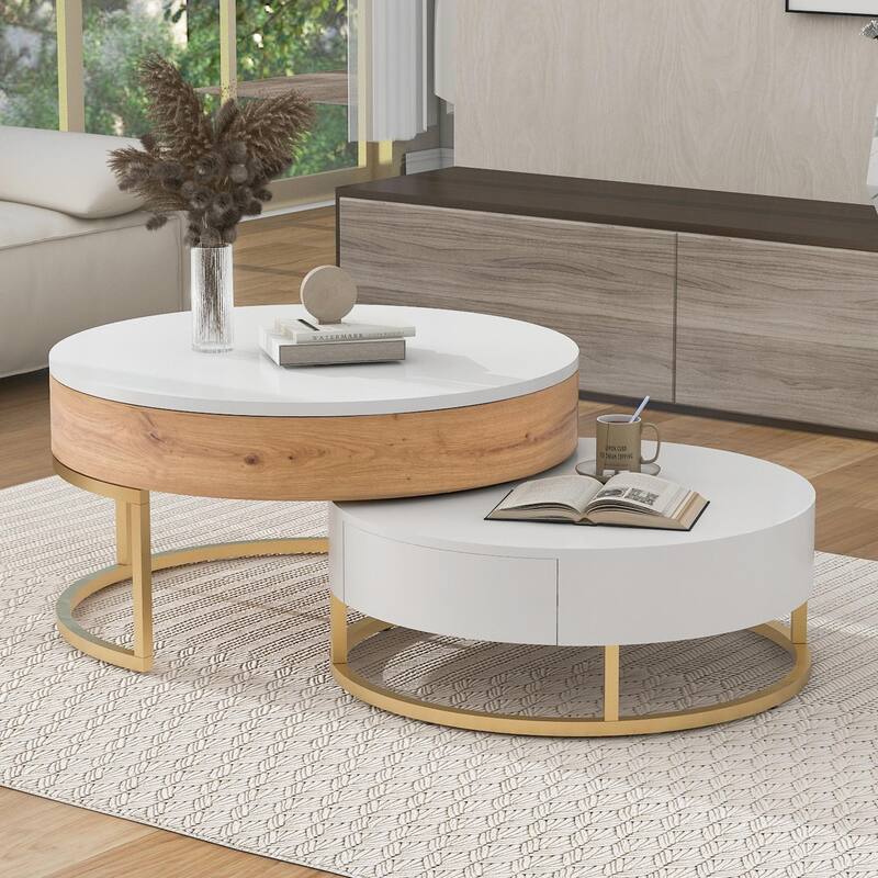 Modern Round Lift-top Nesting Coffee Tables with 2 Drawers - Oak Natural Wood + Antique White