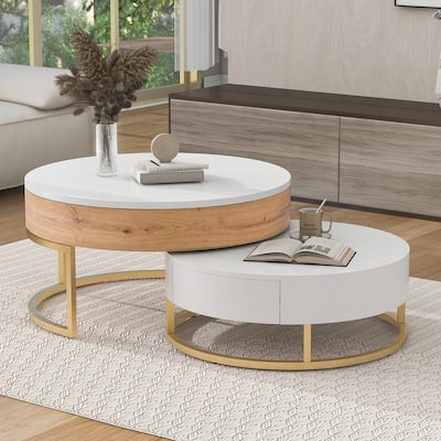 Modern Round Lift-top Nesting Coffee Tables with 2 Drawers