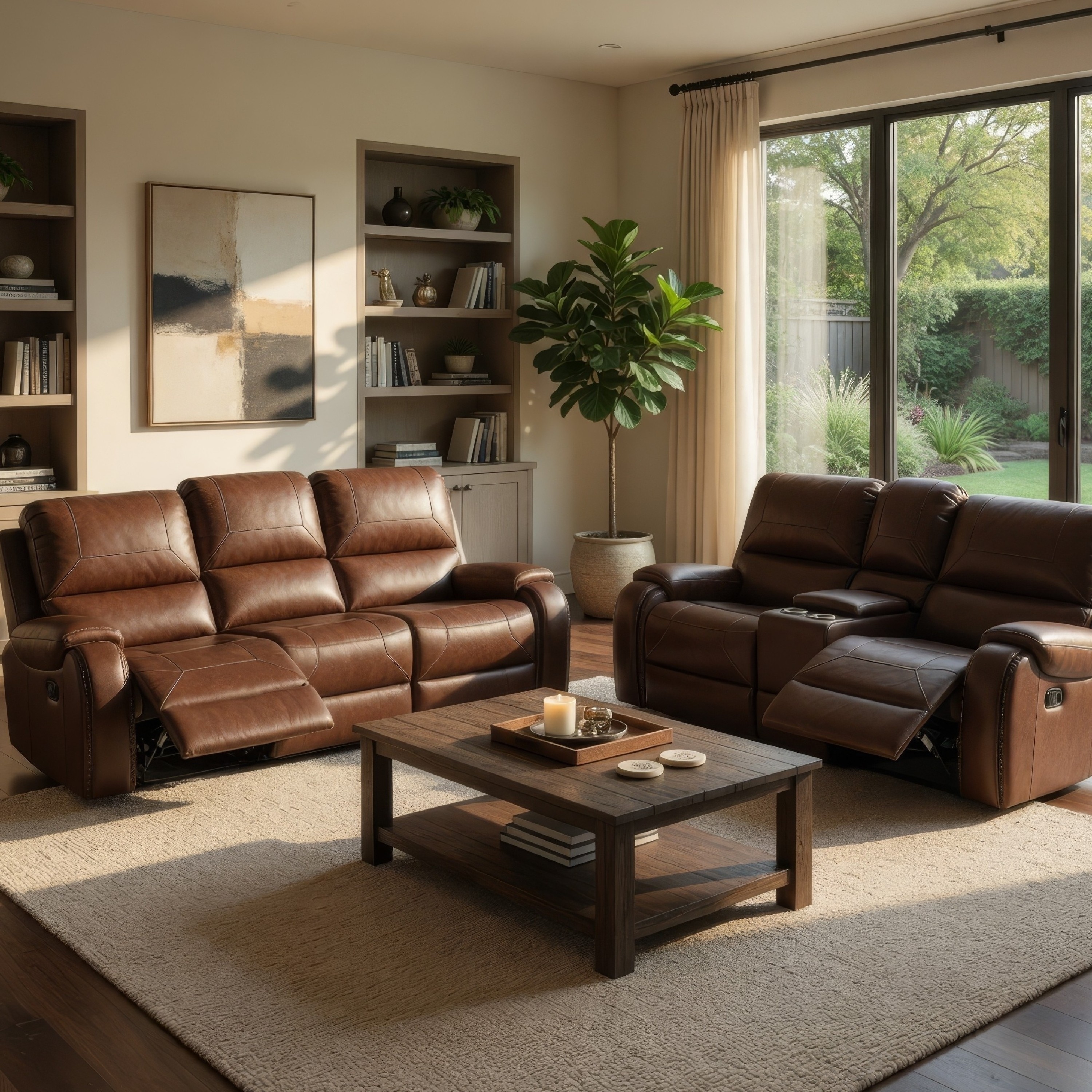 Teli 2pc Manual Reclining Sofa and Loveseat Set, Brown Faux Leather