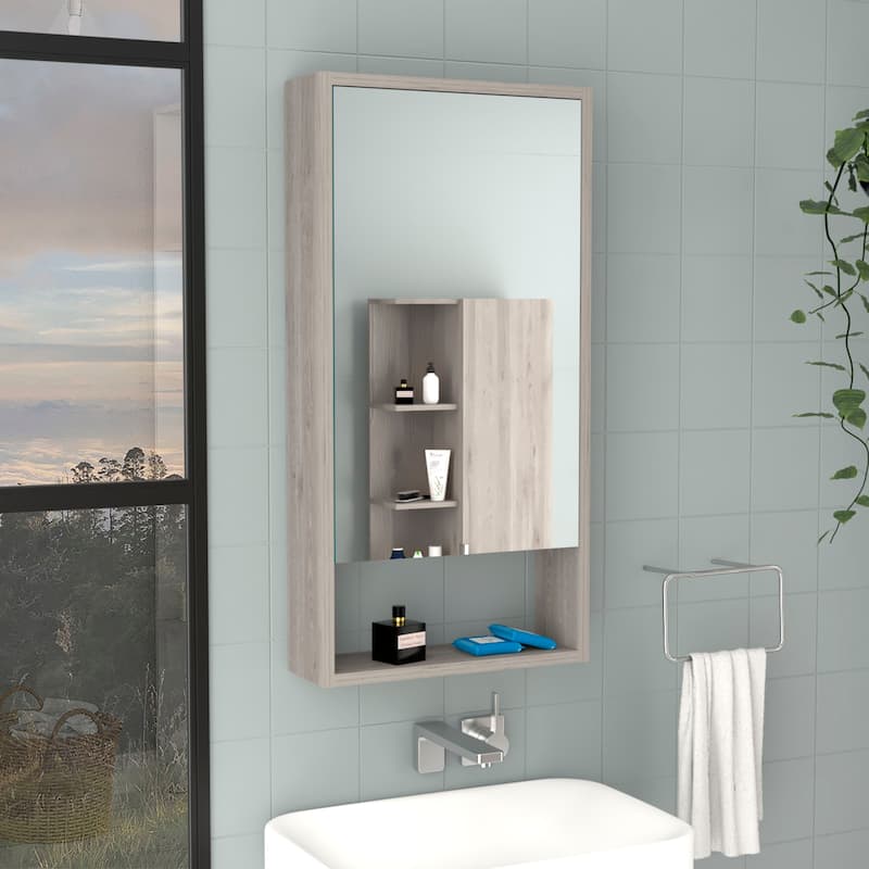 35" Tall Medicine Cabinet with One External Shelf, Two Interior Shelves, Single Door Design, Large Mirror