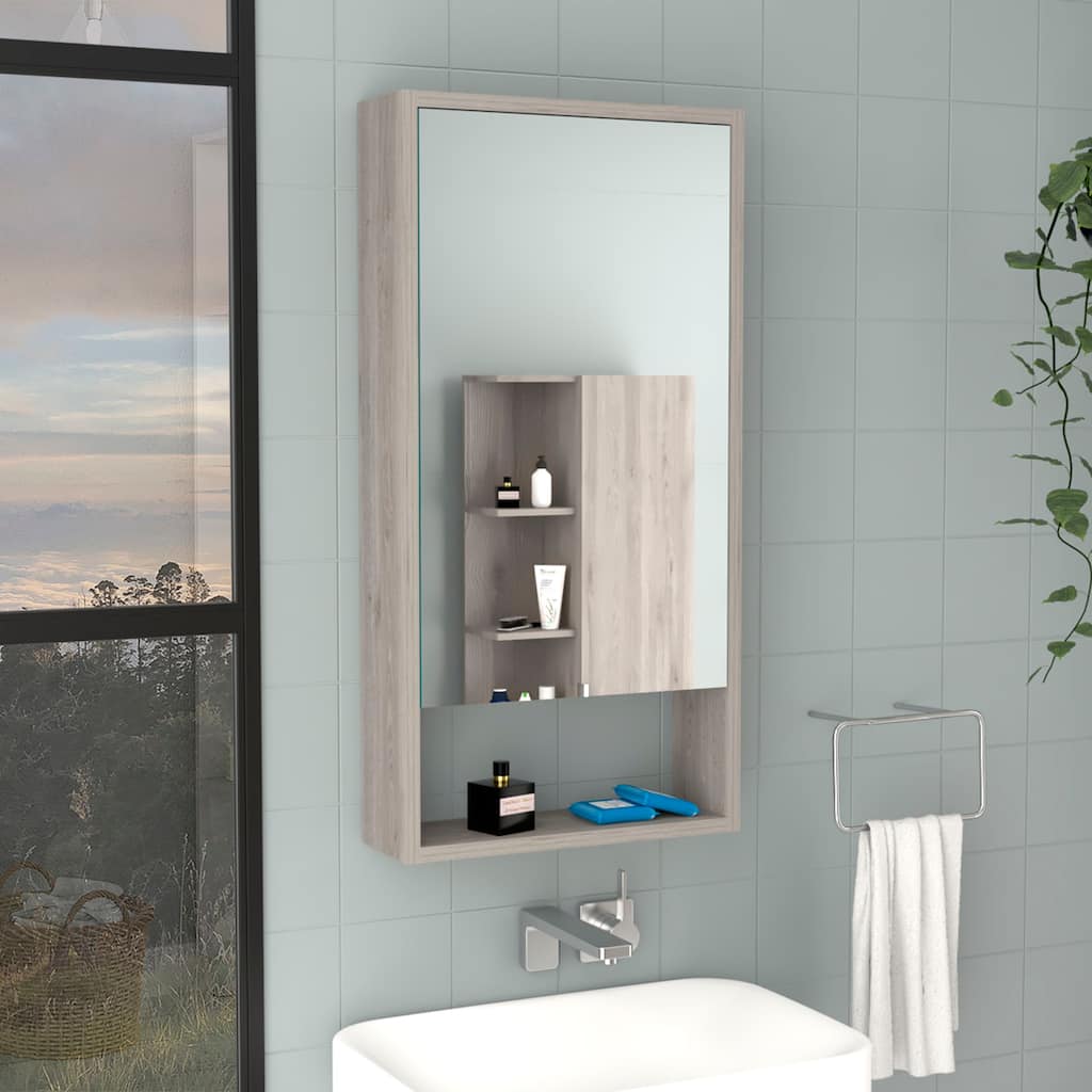 Light Gray Medicine Cabinet - 35.4" H, Large Mirror, 1 Interior Shelf, 1 External Shelf, Wall-Mounted Storage