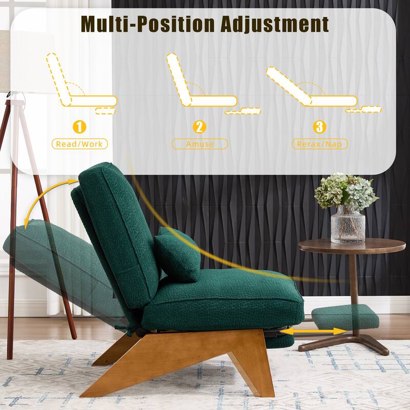 HOMEFUN Upholstered Modern Multi-Position Adjustable Wooden Base Lounge Chair with Footrest and Lumbar Pillow
