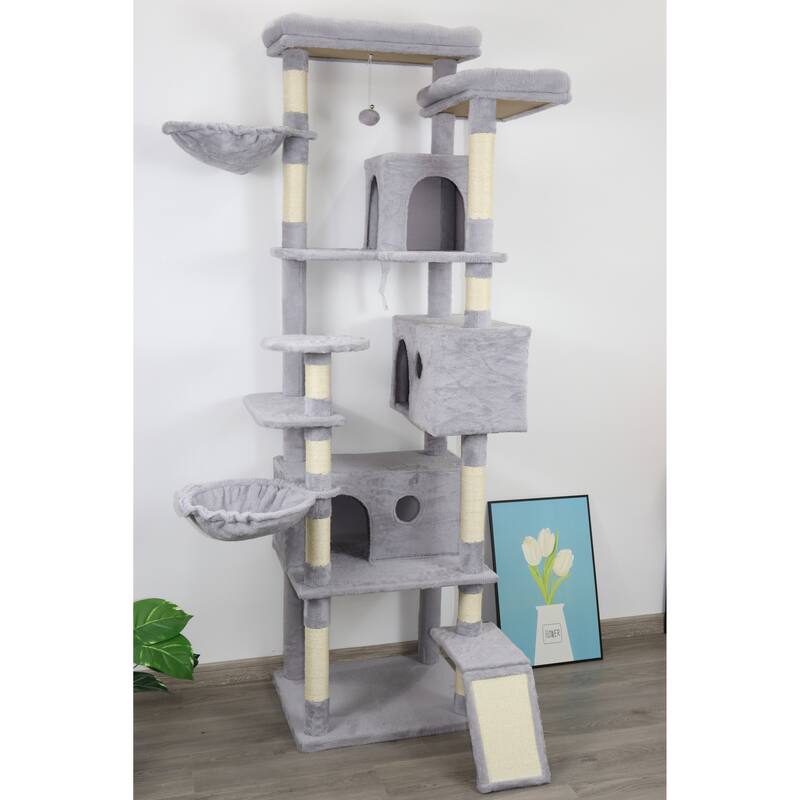 84 In Light Gray Cat Tree Tower With Large Condo Sisal Scratching Post Big Hammock And Top Platform
