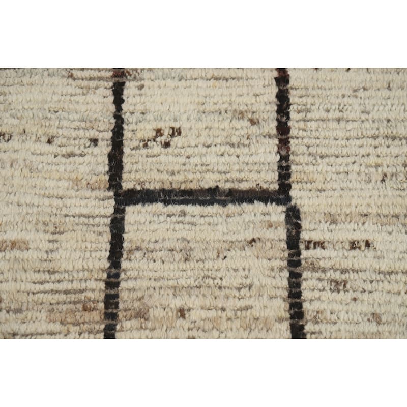 Geometric Moroccan Area Rug Hand-Knotted Beige Wool Carpet - 7'0" x 9'9"