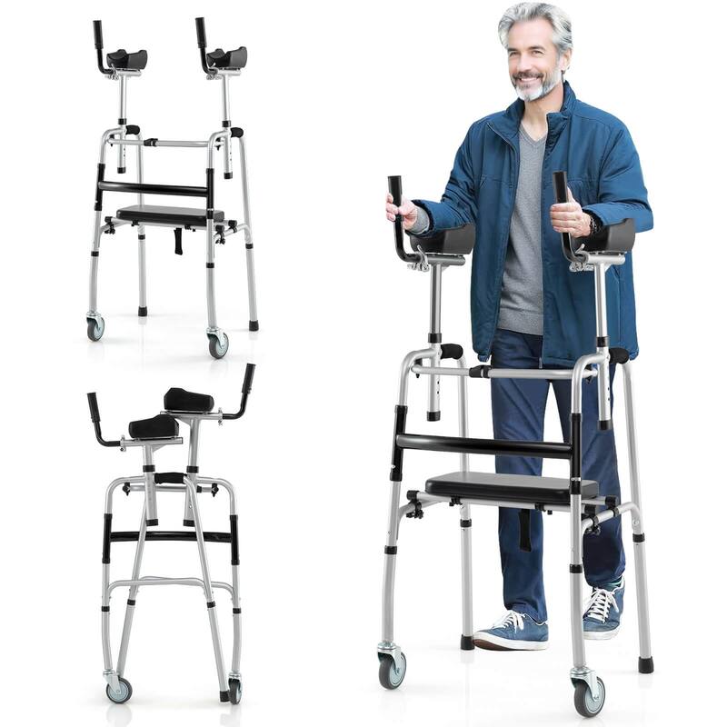 Costway Versatile Rolling Walker All Terrain Stand-Assist Walker with - See Details - Sliver