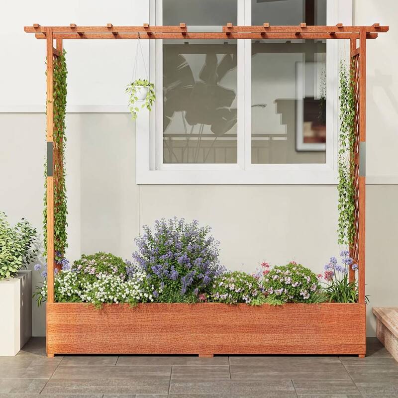 Freestanding Garden Bed Raised Wooden Planter Box with Trellis - Brown