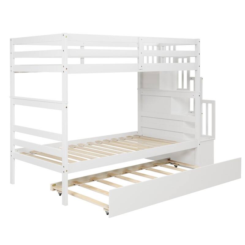 Twin over Twin Wooden Bunk Beds With Twin Trundle and Stairway Storage Function