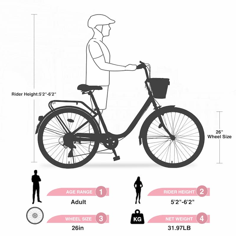 7 Speed City Bike With Basket,Steel Frame,Multiple Colors 26 Inch Girls Bicycle
