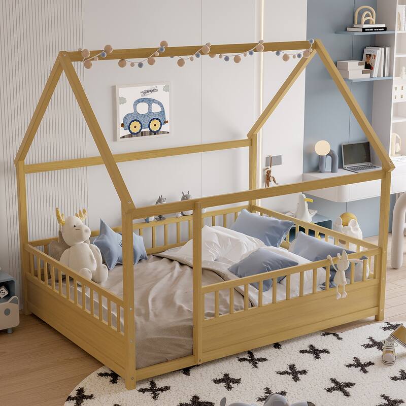 Natural Wooden Montessori Toddler Bed Floor House Bed Frame with Safety High Fence, Open Entran and Roof Design