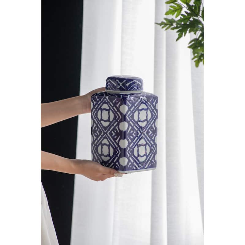 5.3x5.3x10" Valora Blue and White Square Lidded Jar