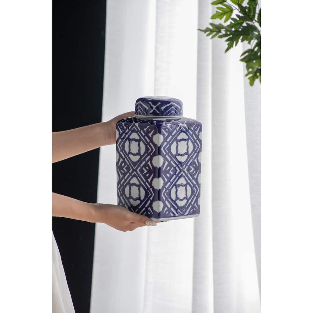 5.3x5.3x10" Valora Blue and White Square Lidded Jar