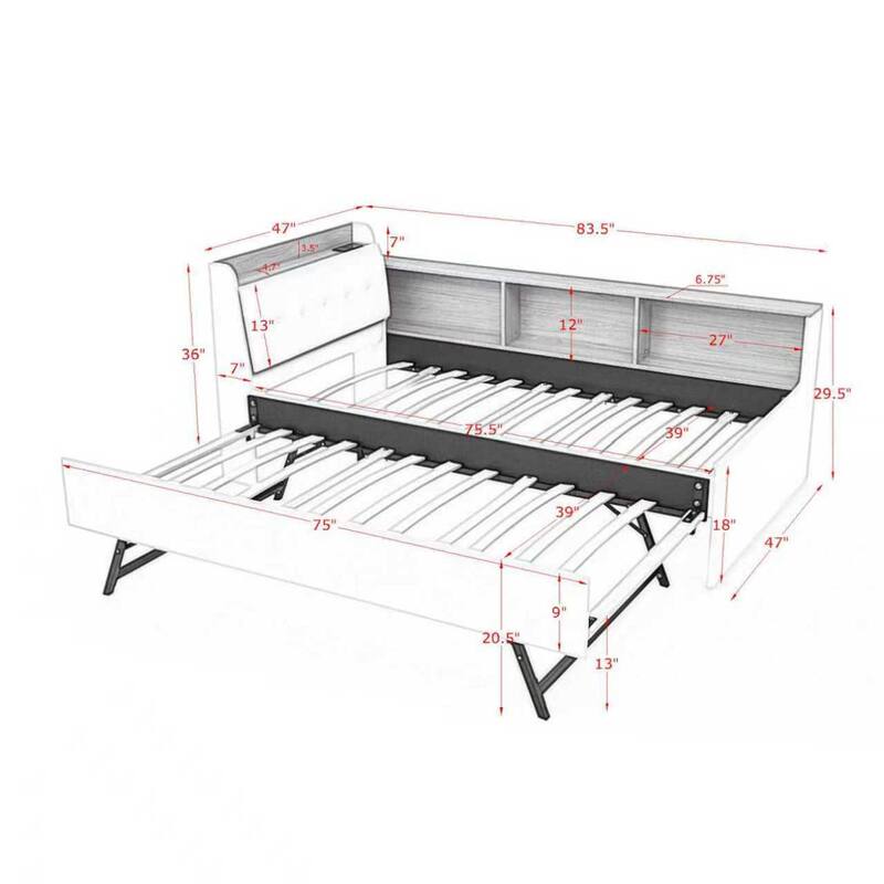 Roomfitters Twin Velvet Height Adjustable Day Bed with Storage Headboard, Wireless Charging and Trundle
