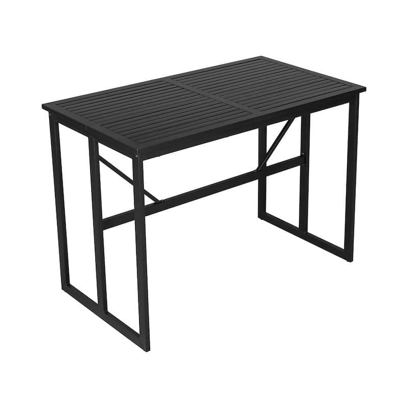 5-Piece Outdoor Iron Counter Height Dining Set with Table and 5 Acacia Wood Armrest Chair