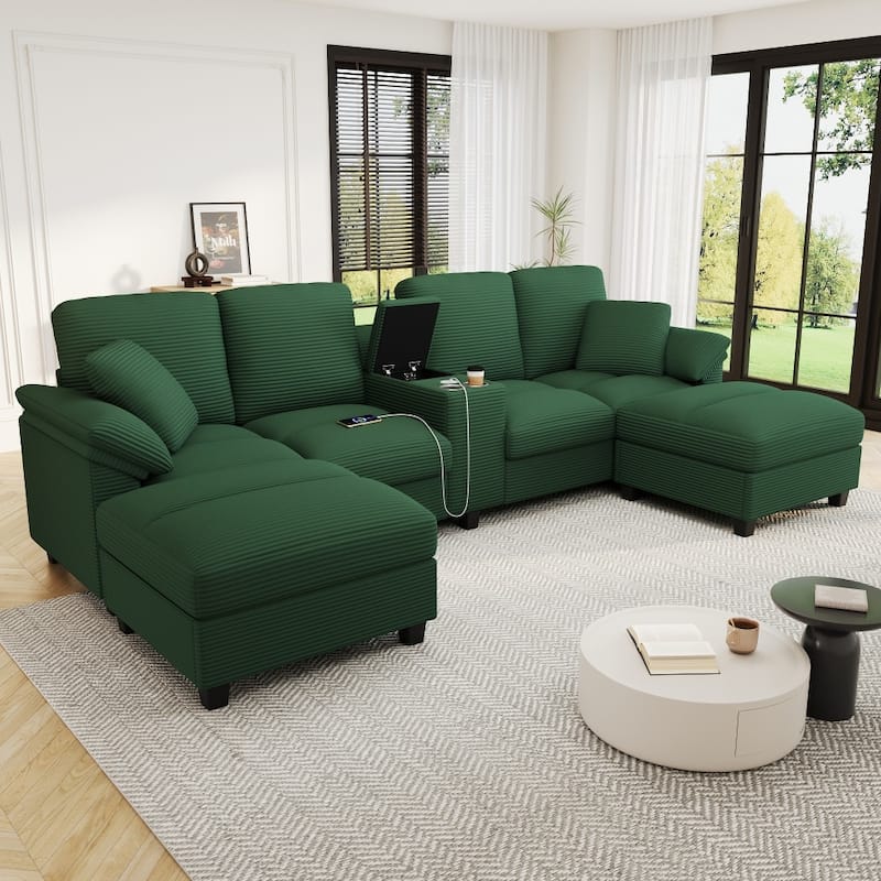 116.9" Modern Sectional Sofa with Storage Ottomans and USB Ports, Cup Holders