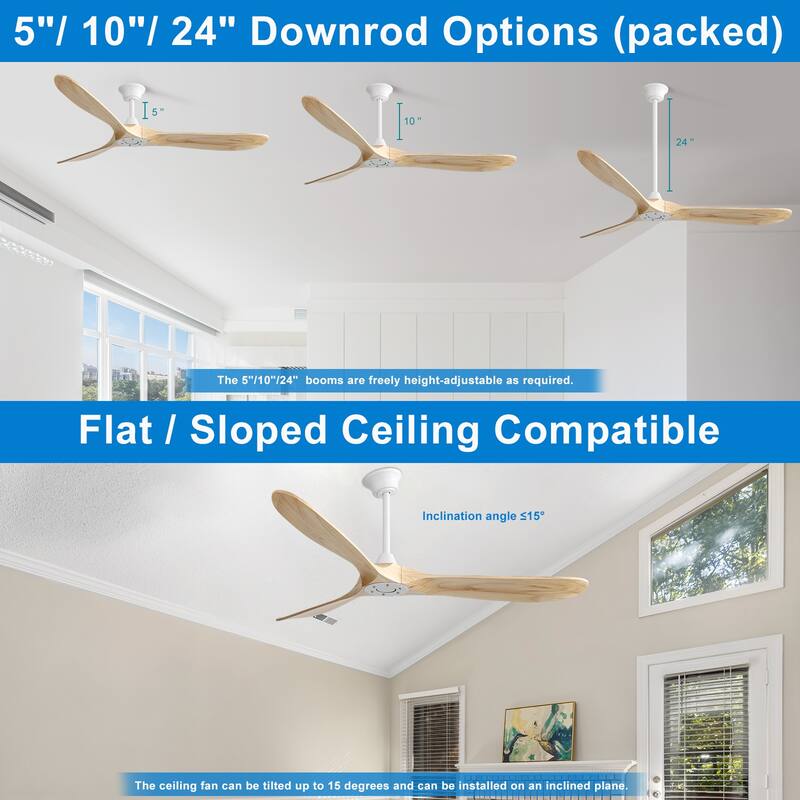 52''/60" Large Ceiling Fan without Lights, Remote Control and Reversible Motor Included, 3 Wood Blades