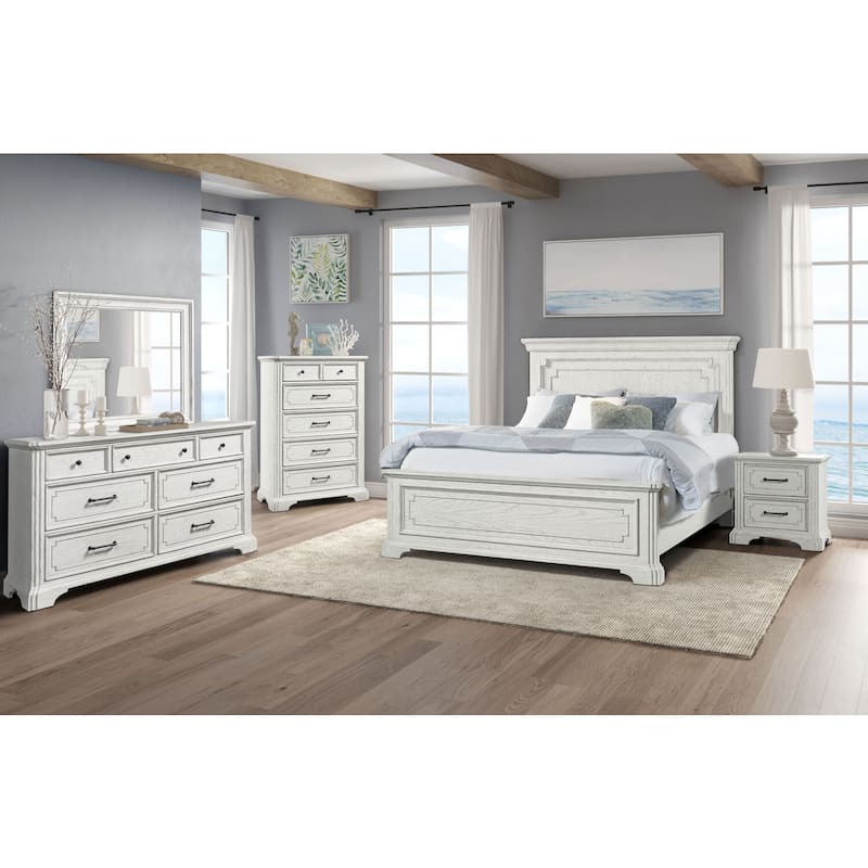 King Panel Bed - White Mist Finish, Elegant Design, Requires Box Spring